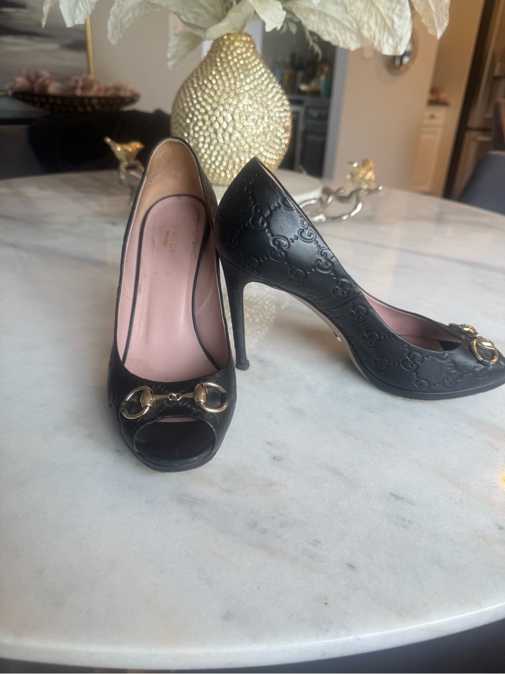 Gucci Black Peep-Toe High Heels with Gold Horsebit size 40.5 40 1/2 10